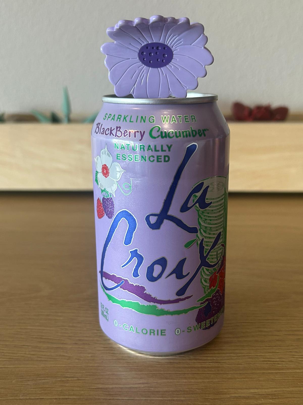 Mini Purple Daisy - Size Comparison Front View - Sitting on top of Purple La Croix Soda Can